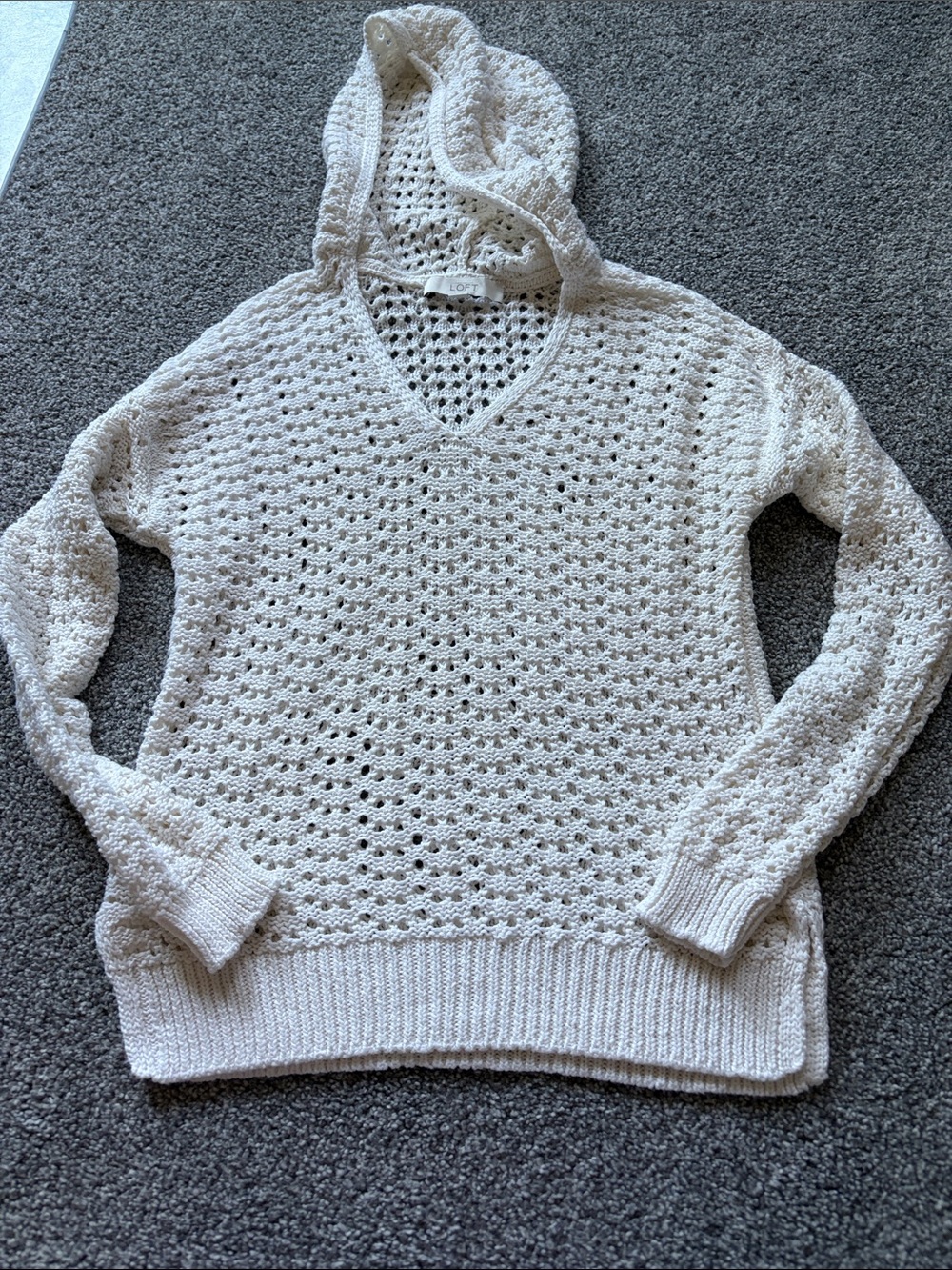 LOFT Ivory Open-Knit Hooded Pullover